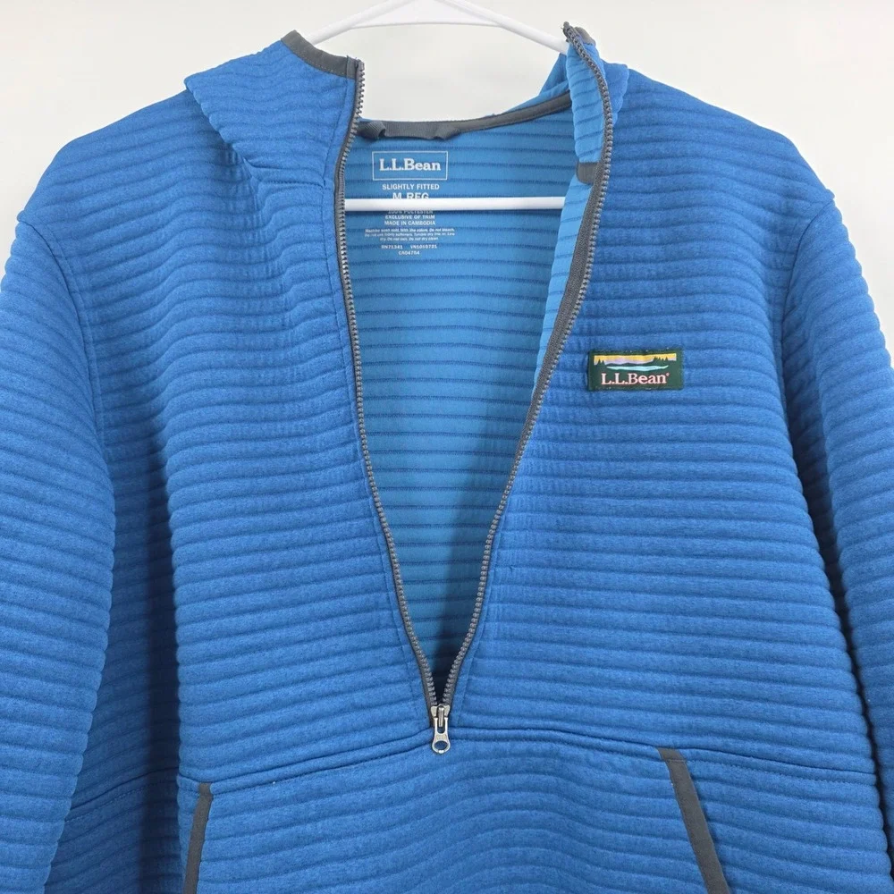 LL BEAN RIBBED 1/4 ZIP HOODIE SWEATSHIRT MENS MEDIUM SLIGHTLY FITTED BLUE FLEECE